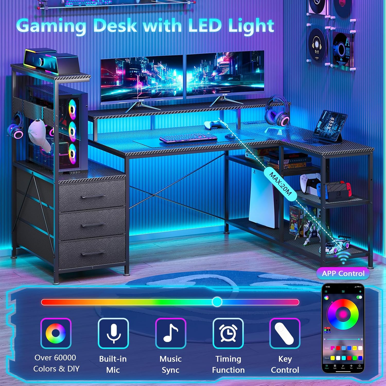 Meja Gaming Bentuk L dengan La - Pc Gaming Center ulasan dan harga